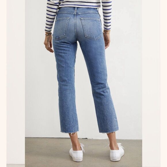 AMO Jeans Womens 31 High Rise Buttonfly Straight Leg Raw Hem Crop Denim Stargaze - Picture 2 of 15